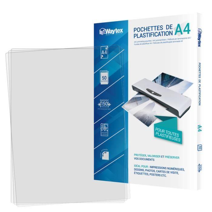 WAYTEX Pack 50 feuilles de plastification A4 75 microns finition brillante transparente