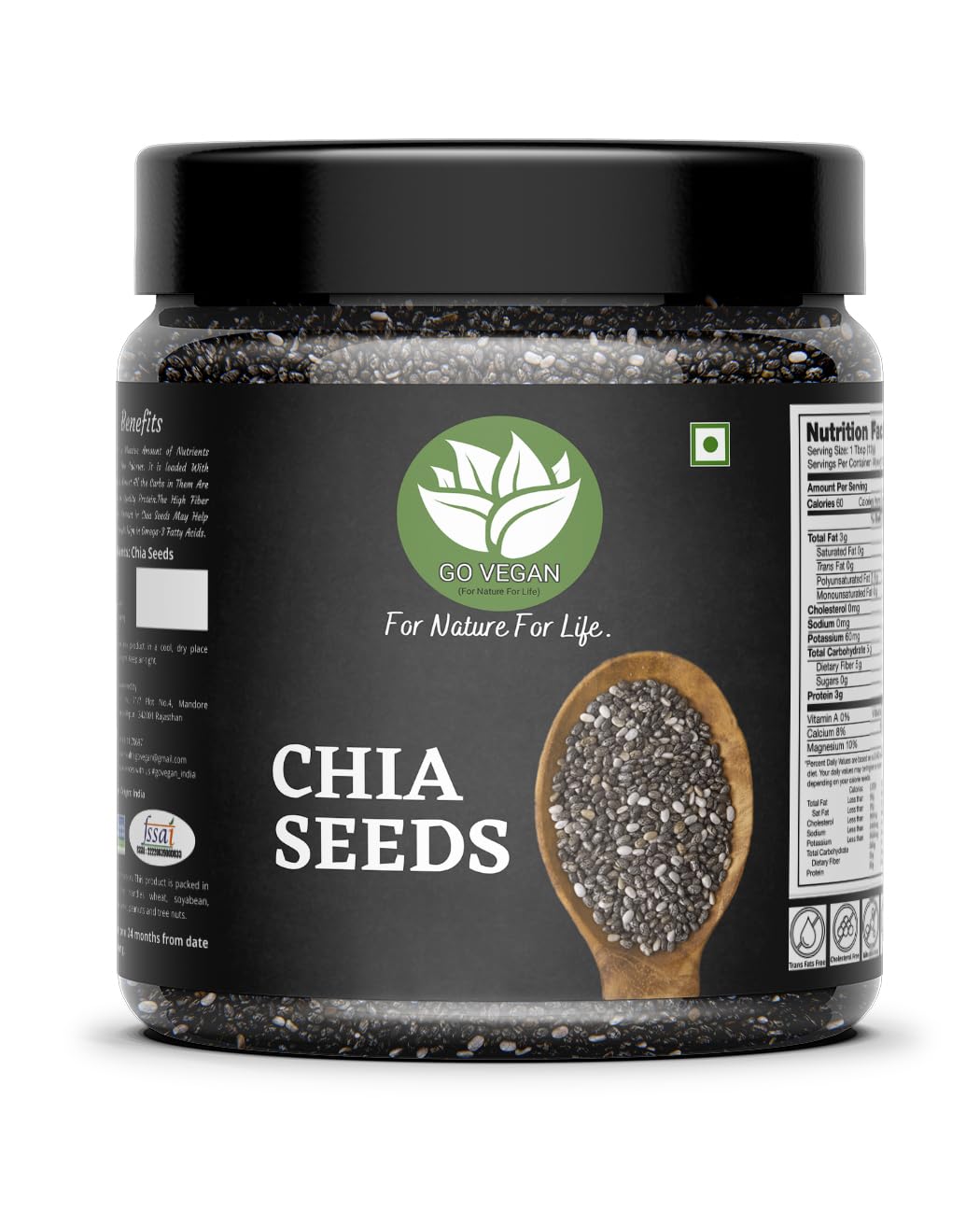 Go Vegan Premium Raw Chia Seeds Jar Pack | Omega 3 and Fibe Seeds Rich in Calcium, Protein & Fibre (1 Kg)