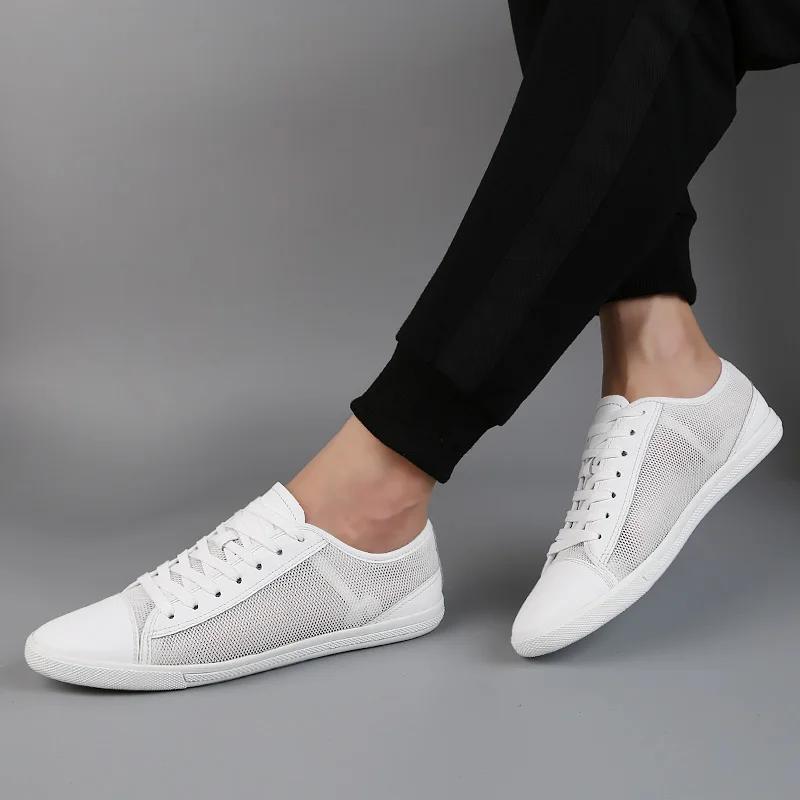 Fashion Lightweight Genuine Leather Men's Flats shoes Leisure Trend Korean Version Solid black White summer breathable Men Casual Shoes