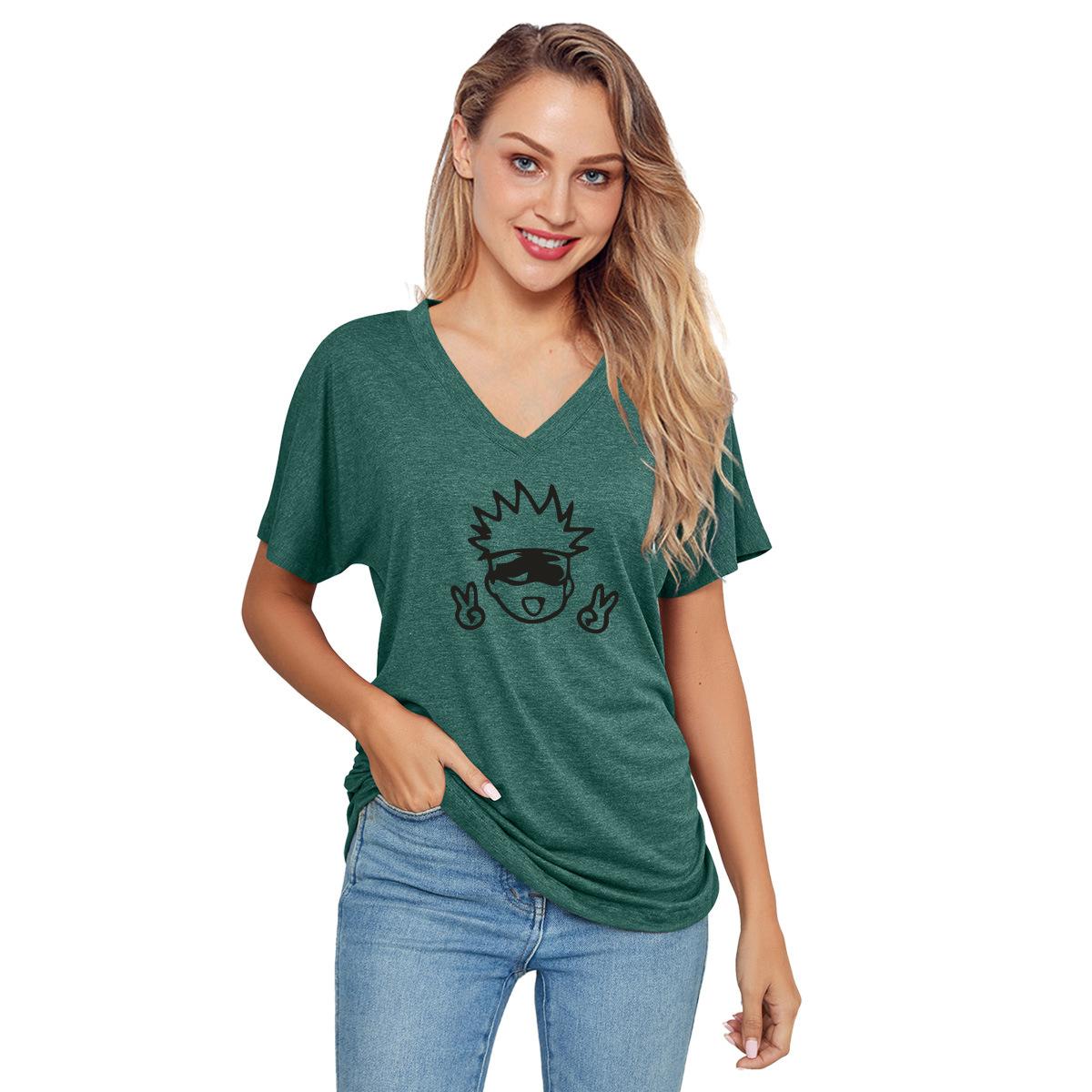 

HNXC Красочная хлопковая футболка с принтом мультяшного персонажа, V-образным вырезом и свободного кроя для женской рубашки S темно-зеленого