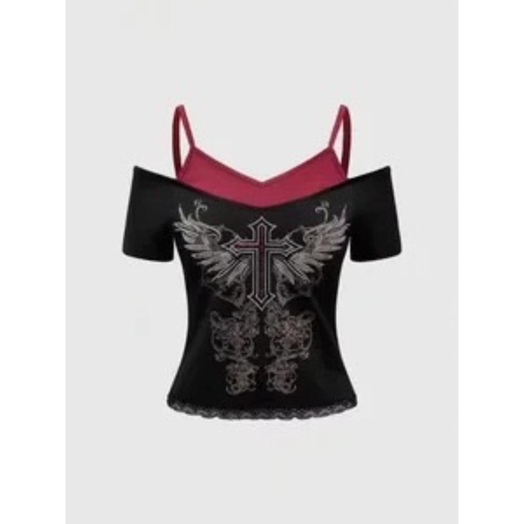 Women's 90s Vintage Punk T-Shirt Streetwear Sexy Short Sleeve Gothic Slim Crop Top Hotgirl Casual Femme Tee Harajuku Y2k