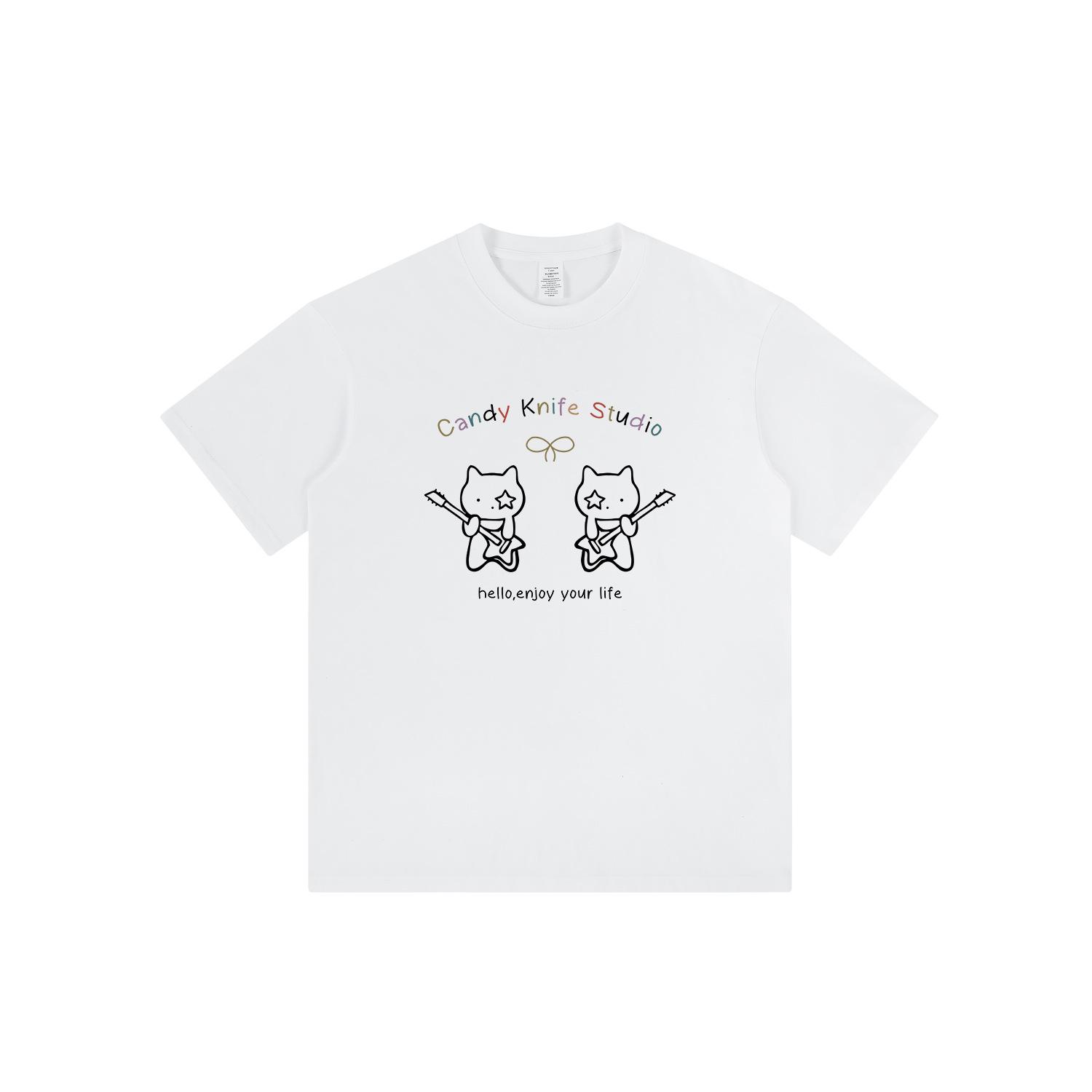 

Women s Cartoon Rock Cat Print Slim Fit White T-Shirt with Straight Shoulder Design M