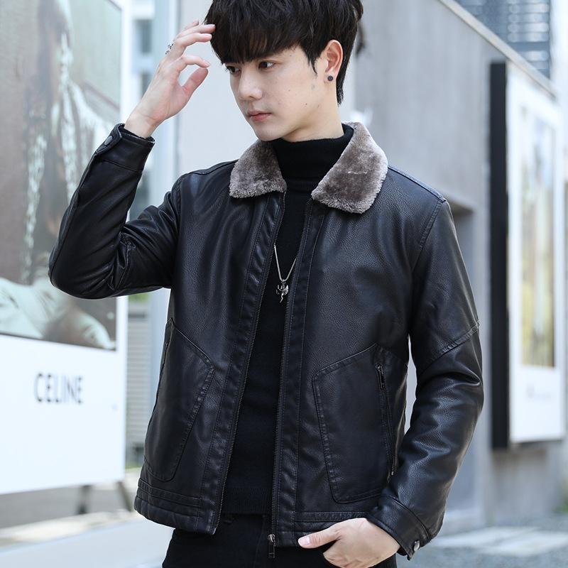 Frühling Neue Herren Lederjacke Plus Samt Verdickung Koreanischer Stil Slim und Hübsch Grüne Lederjacke PU Pelzkragenjacke