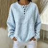 Women Henley Button Neck Fuzzy Knit Sweater Long Sleeve Loose Solid Color Textured Casual Ladies Autumn Winter Pullover