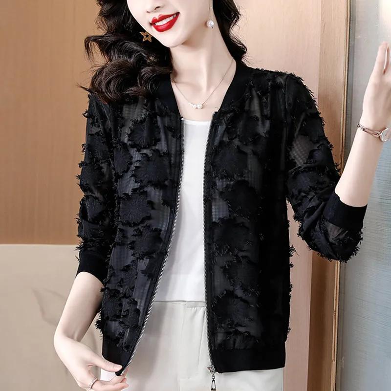 

Весенне-осеннее женское пальто с длинным рукавом, короткое, тонкое издание, женский темперамент, шифоновый жаккардовый топ для женщин XS чёрный