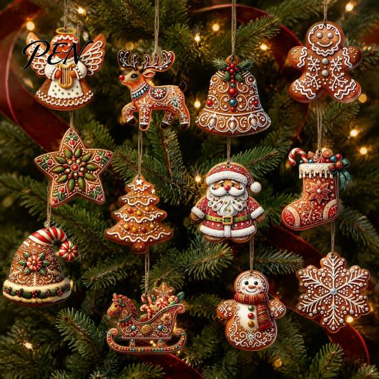 Decorative Wooden Holiday Pendants Christmas Gingerbread Style Ornaments with Natural Hemp Rope, Retro Festive Hanging Tree for Home Party Wall Window