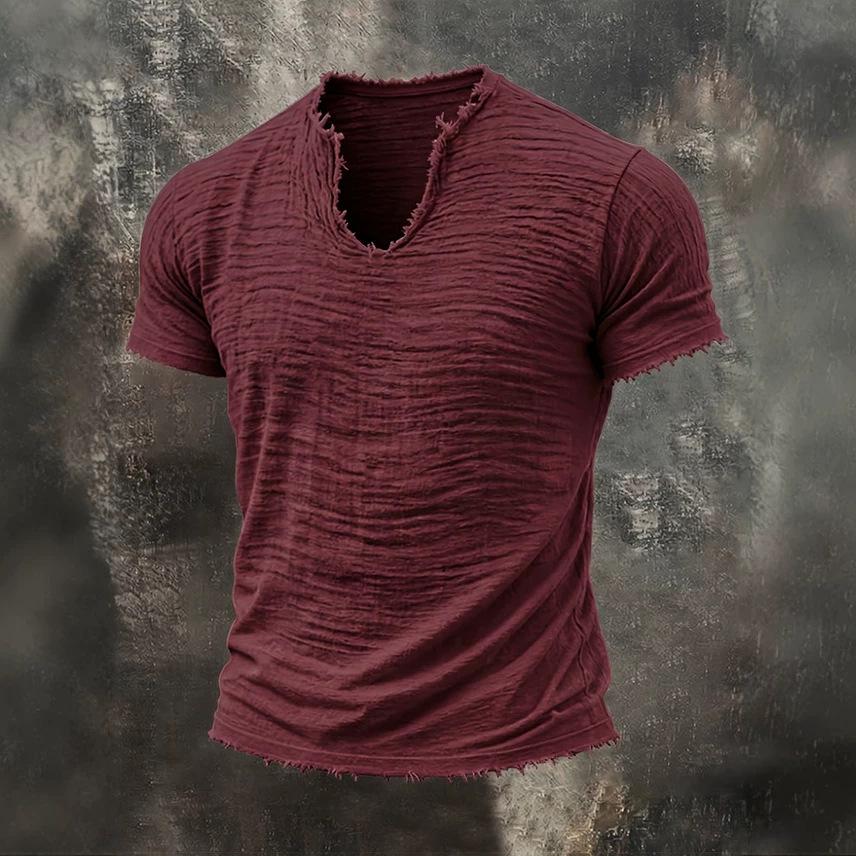 2026 Solid-color Men's Retro Cotton-Linen Mustache Edge Special V-Neck Short-Sleeve T-Shirt