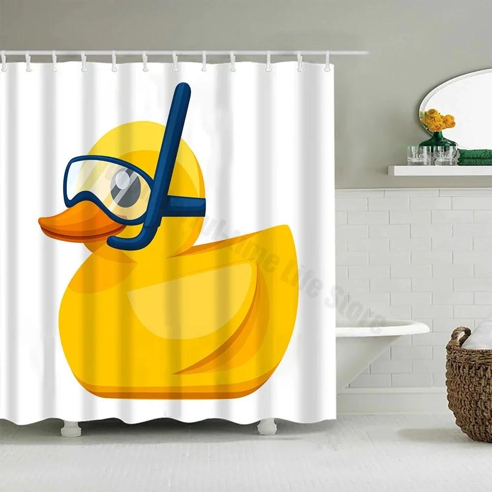Cute Little Yellow Duck Shower Curtain Cartoon Funny Smiley Face Bathroom Waterproof Bath Duck Fabric 12 Hooks Bathroom Decor