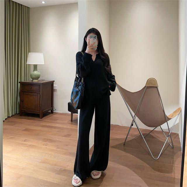 Light Knit Autumn-Winter V-Neck Sweater & Wide-Leg Pants Women’s Set