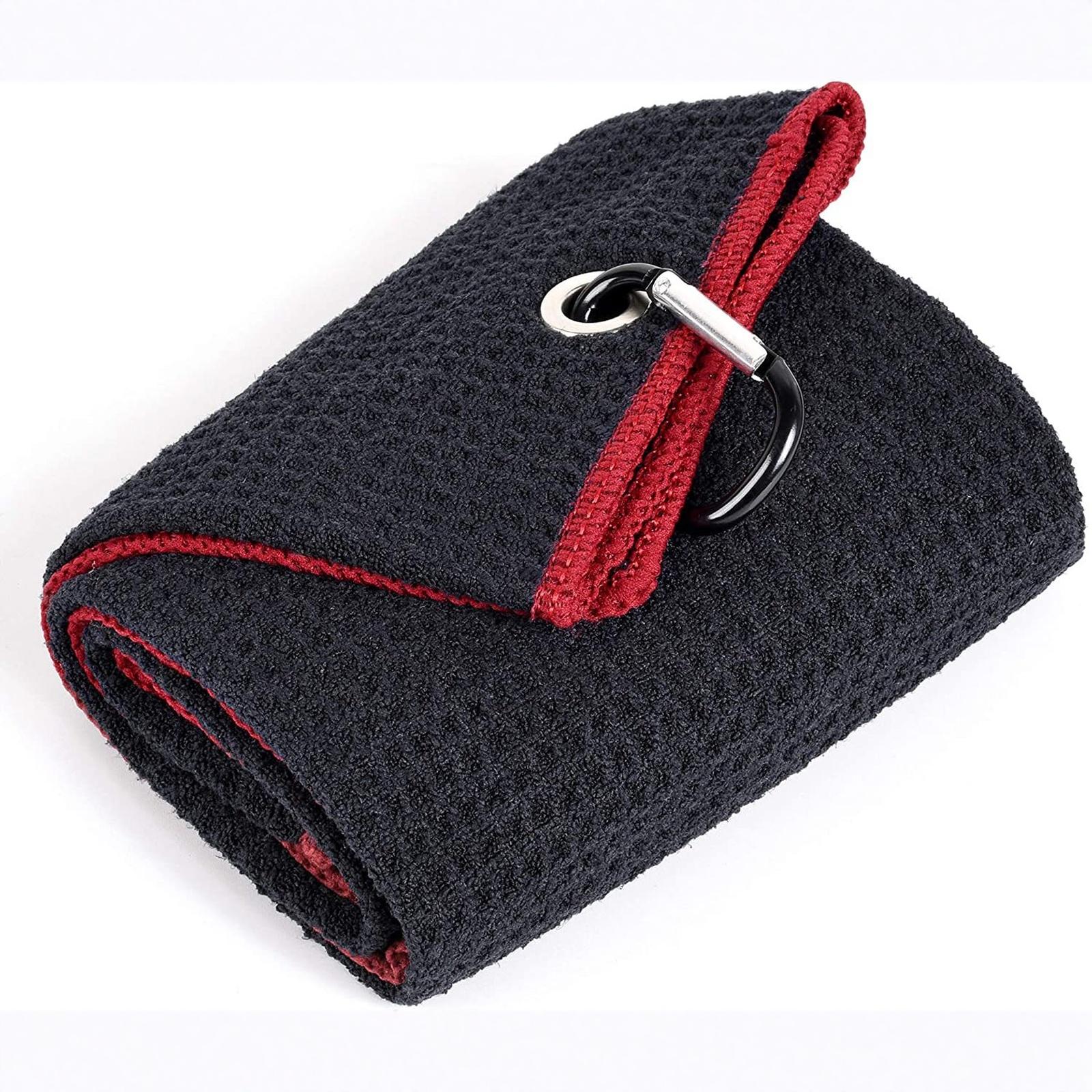 -fold Golf Towel | Premium Microfiber Fabric | Pattern | with Heavy Duty Carabiner Clip | Golf Towel for Men and Women (Black/Red) one size
