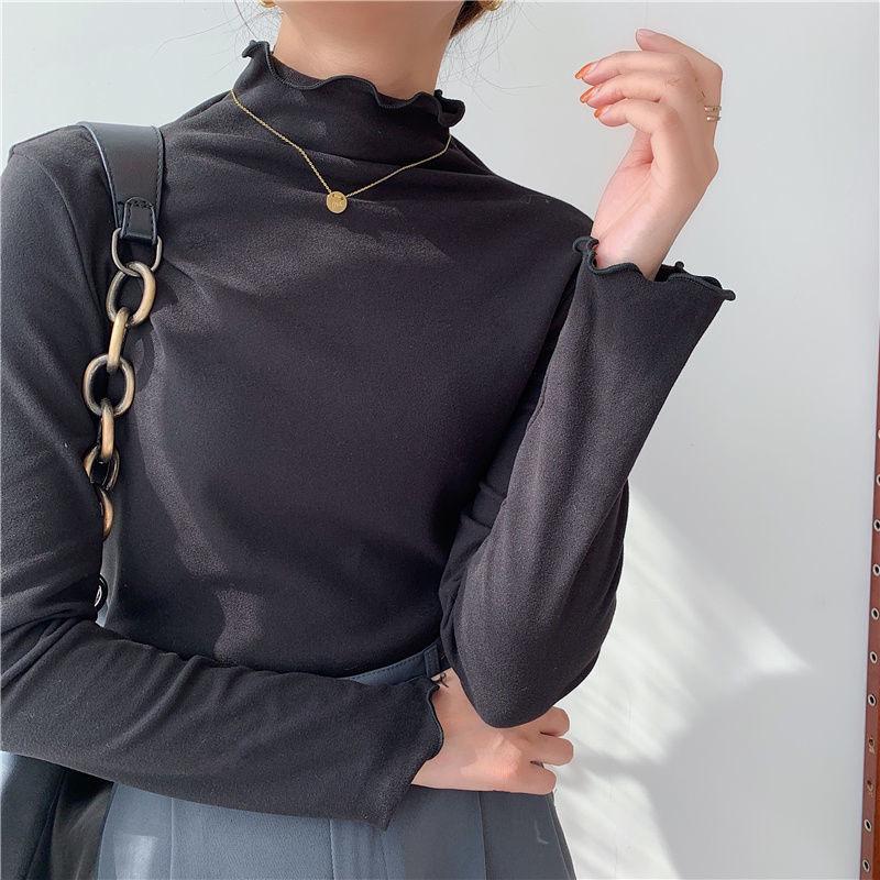 

Женская двухсторонняя футболка из немецкого бархата с полувысоким воротником - шикарный воротник-грибок, идеально подходит для весны, осени и зимы XXL чёрный