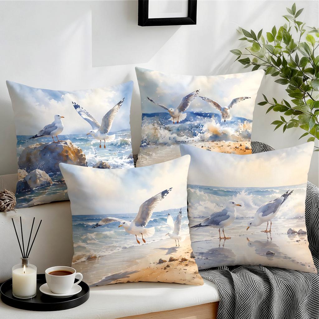 1pcs/4pcs Watercolor Seagull Coast Cushions Pillowcase Polyester Cushion Cover Throw Pillow Pillowcover Home Car Sofa Decor