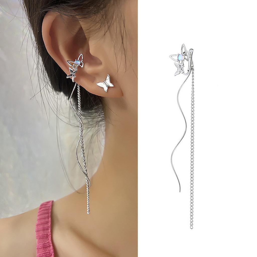 Tassel Ear Cuff Non Piercing Gold Color Long Chain Earrings for Women, Stainless Steel Clip On Ear Wrap Nickel-free
