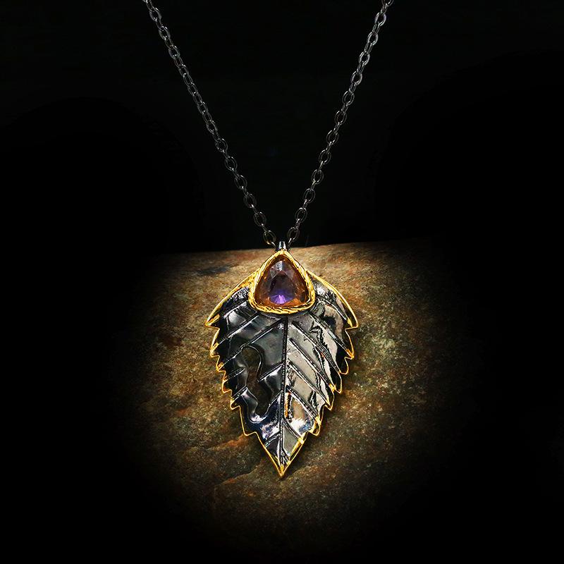 Boho Gothic Vintage Leaf Triangle Zircon Pendant Necklace Clavicle Chain Charm Jewelry Senior Lady 925  Jewelry