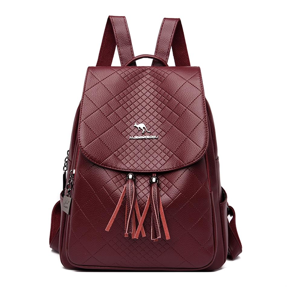 High Quality Leather Women's Backpack Purses with Tassel  Luxury Brand School Sac Lady Bookbag Teenage Girls Fashion Mochila