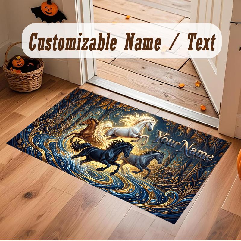Horse Theme Soft Crystal Velvet Rug Custom Name & Text Print Non Slip Floor Rug for Bedroom Living Room