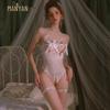 Man Yan Sensual Lace Crotchless Bodysuit with Bowknot - Women's Sexy See-through Cutout Lingerie