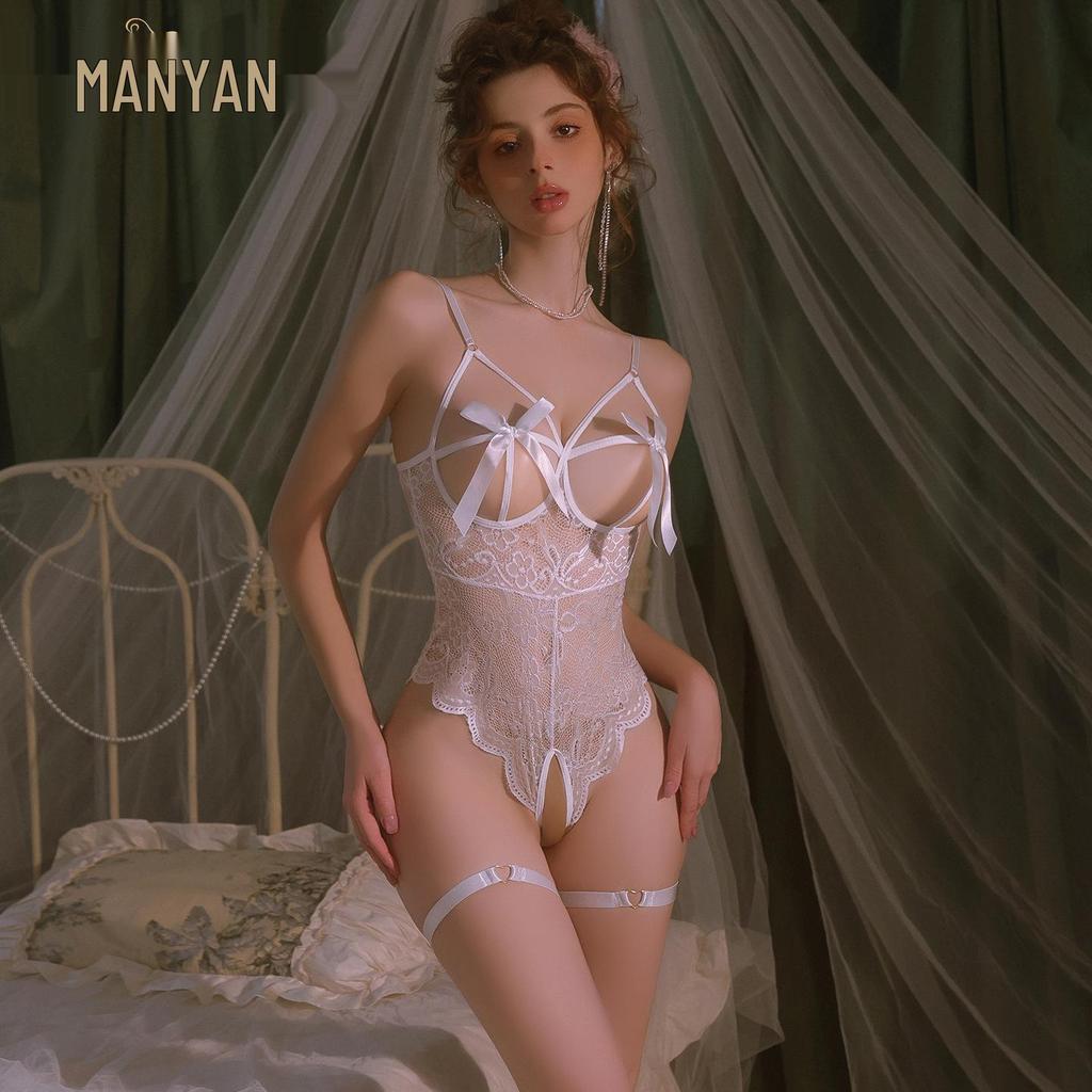 Man Yan Sensual Lace Crotchless Bodysuit with Bowknot - Women's Sexy See-through Cutout Lingerie