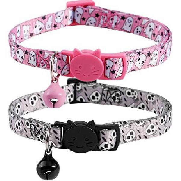 BoomBone 2 Pack Skull Cat Collar,Breakaway Kitten Collars with Bell for Halloween