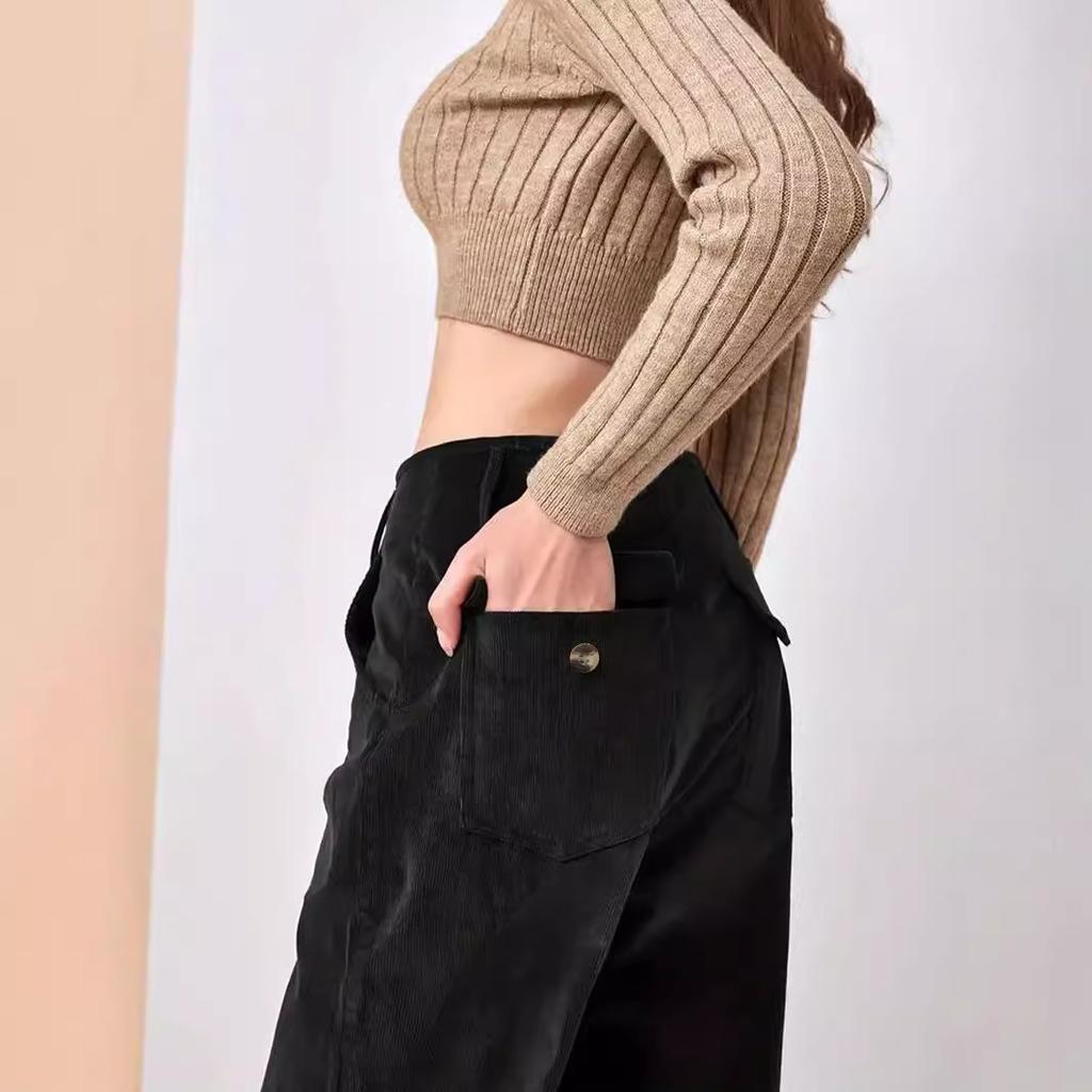 Women's High Waist Corduroy Pants Straight Leg Micro Stretch Pockets Casual Long Trousers For Autumn Winter