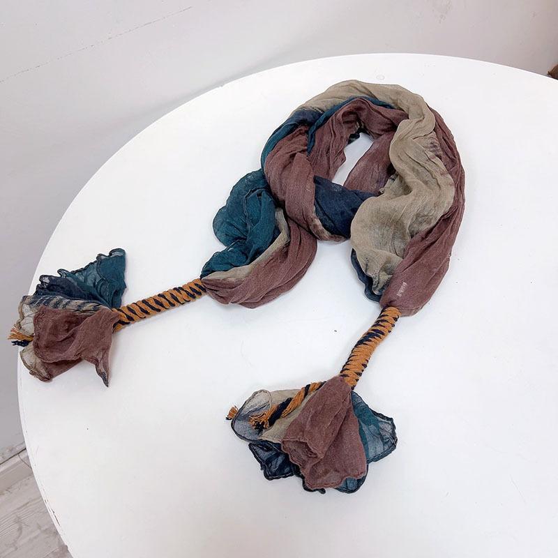 Retro Pleated Color Matching Gradual Change Scarf Soft Versatile Slender Silk Scarf Women'S Warm Neck Scarf Shawl