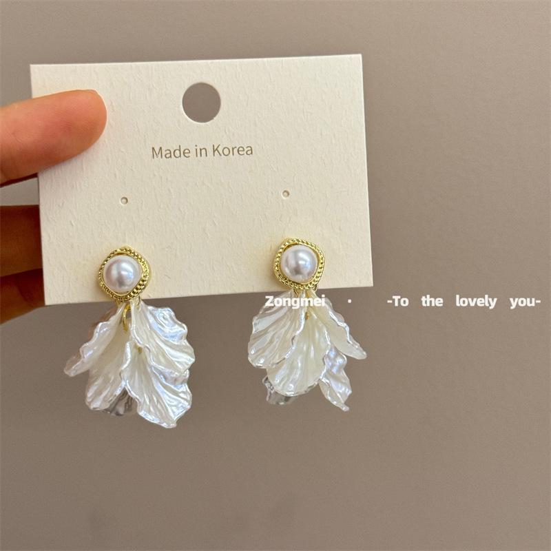 Elegant Retro Pearl Petal Tassel Earrings for Women - 925 Silver Studs with High-End Fairy Design