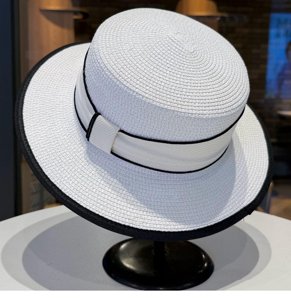 French Style Flat-Top Straw Hat Women's Summer Beach Vacation Wide Brim Sunshade Sun Hat Grass Hat for Sun Protection