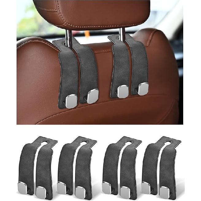 Headrest Hooks For Car, 4 Pack Car Seat Back Organizer Storage Hook, Double Hook Car Seat Hooks For Hanger Purses And Bags, Leather Purse Holder For