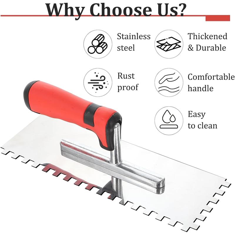 A25F-4 Pcstile Tools Stainless Steel Square Notched Trowel Set Masonry Hand Kit For Wall Floor Tiling Installation