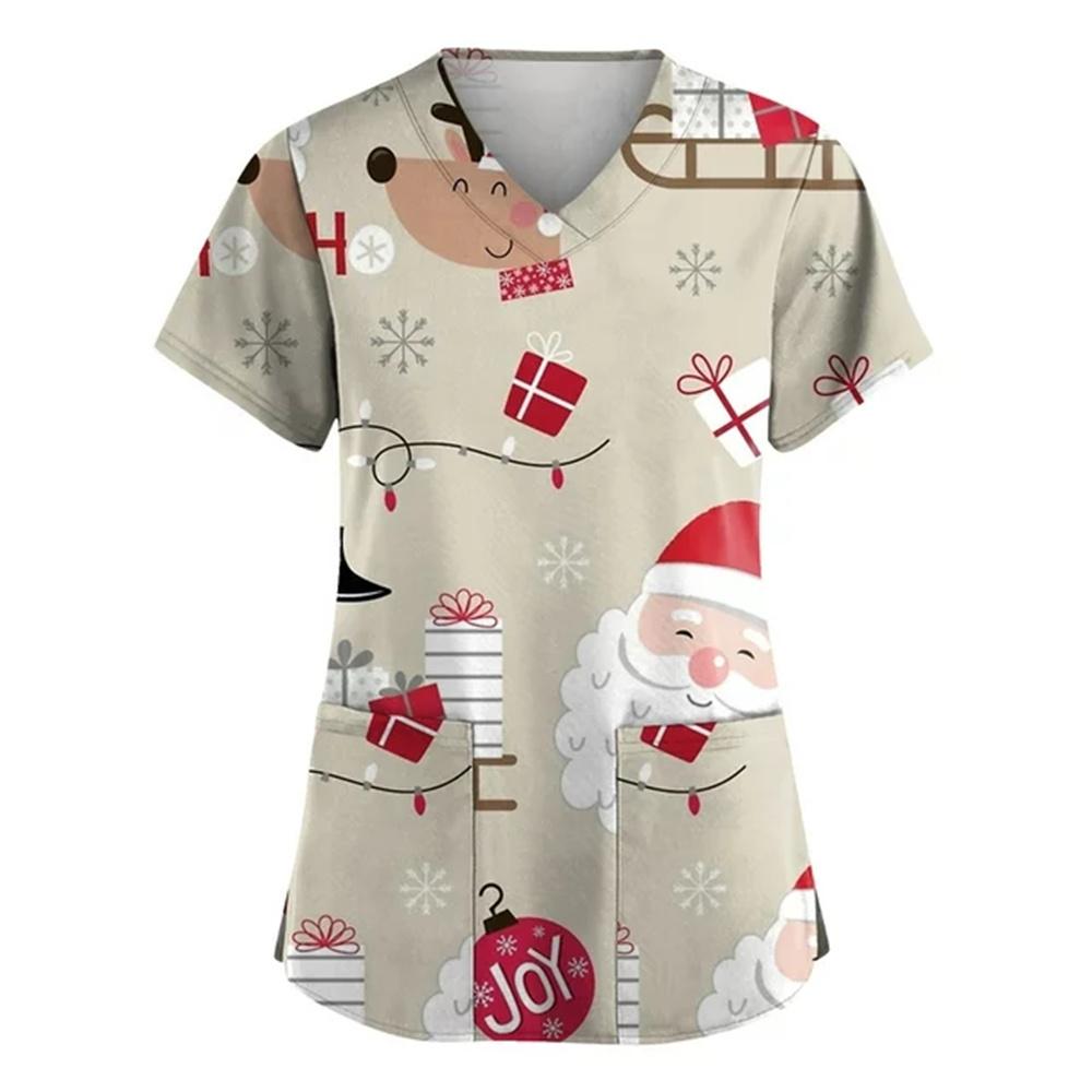 Chirurgische Uniformen Feiertage Weihnachten Drucke Stil Taschendesign Chirurgisches Kostüm Frau V-Ausschnitt Kurzarm Krankenschwester Medizinische Uniform