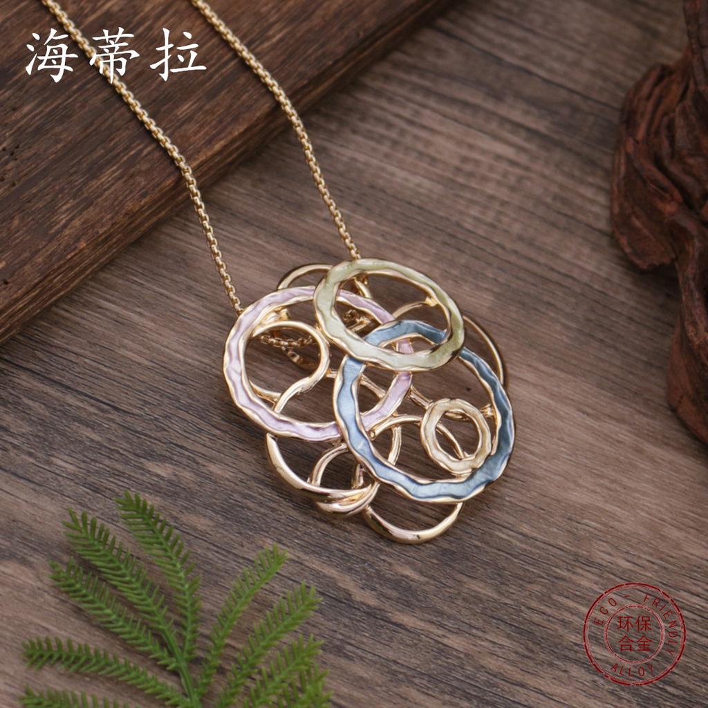 New Enamel Color Hollow Geometric Round Exaggerated Pendant, Personalized Ring Women's Versatile Necklace