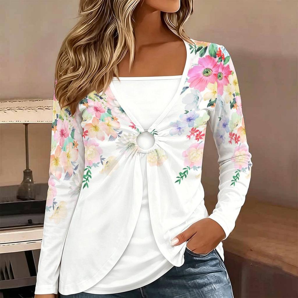 Tops for Women Floral Print Long Sleeve Fake Two‑Piece Top Fall Casual Slim Pullover Women's Long Sleeve Top