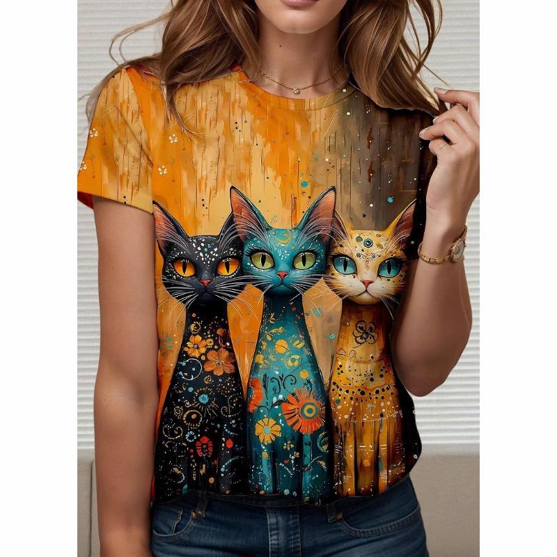 Summer Female Commuting Cat Dog Print Round Neck Short Sleeved Shirt