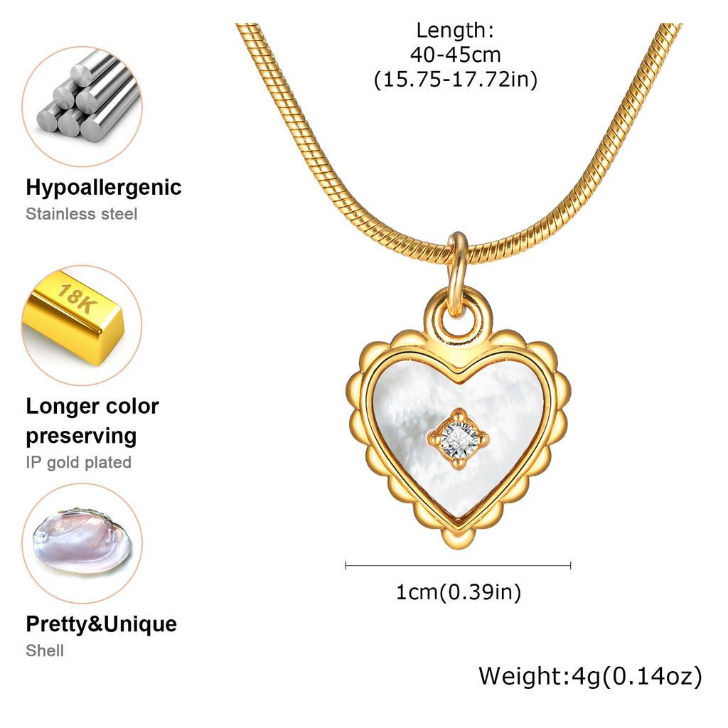 Chic Zircon Shell Heart Necklace for Women Stainless Steel Round Snake Chain Pendant Necklaces Valentine's Jewelry Gifts