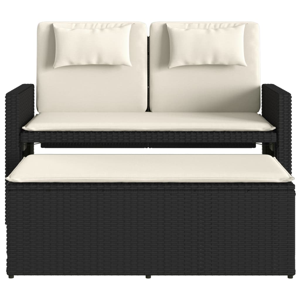 Vidaxl Folding Garden Bench With Cushions, Black, Poly Rattan