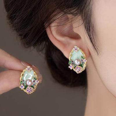 Earrings, Vintage Earrings, Oil Painting Earrings, French Garden Pearl Earrings