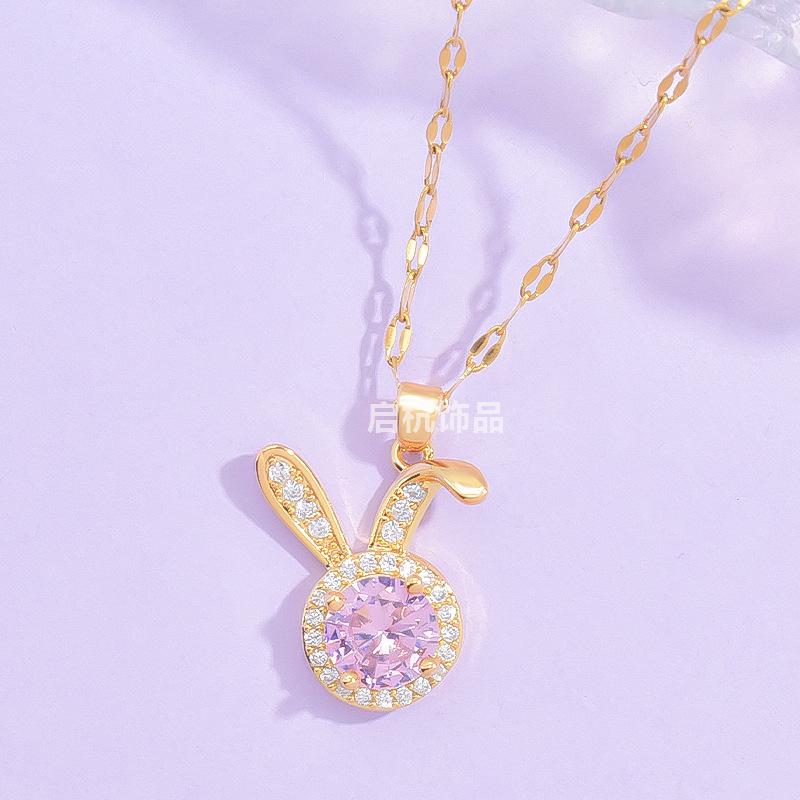 Wind Pink Zirkonium Kaninchen Halskette Damen Leichter Luxus Schlicht Vielseitig Niedlich Mikro-Eingefasster Anhänger