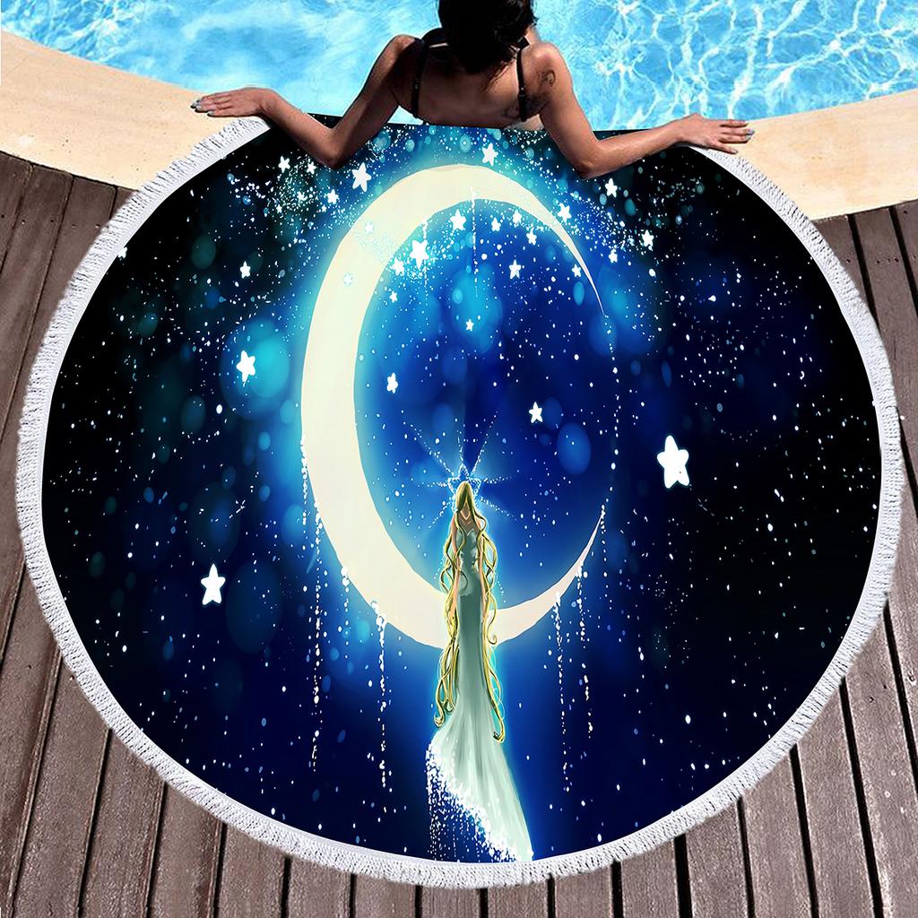 Oil Painting Round Beach Towel,Night Sky Star Moon Print Sand Resistant Beach Blanket,Absorbent Quick Dry Pool Towel Picnic Mat