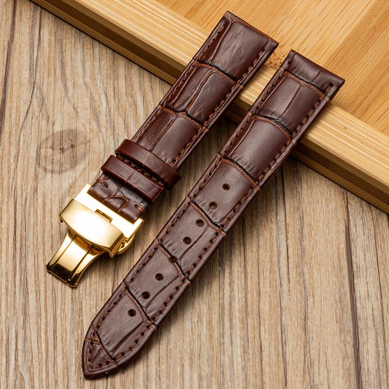 Bamboo Pattern Genuine Leather Watch Strap with Soft Cowhide and Butterfly Buckle for Men and Women