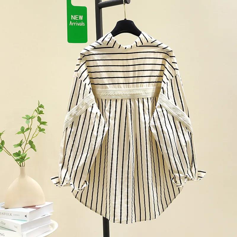 Women's Spring and Autumn Long Sleeved Medium Length Striped Shirt Casual Korean Loose Aging Shirt