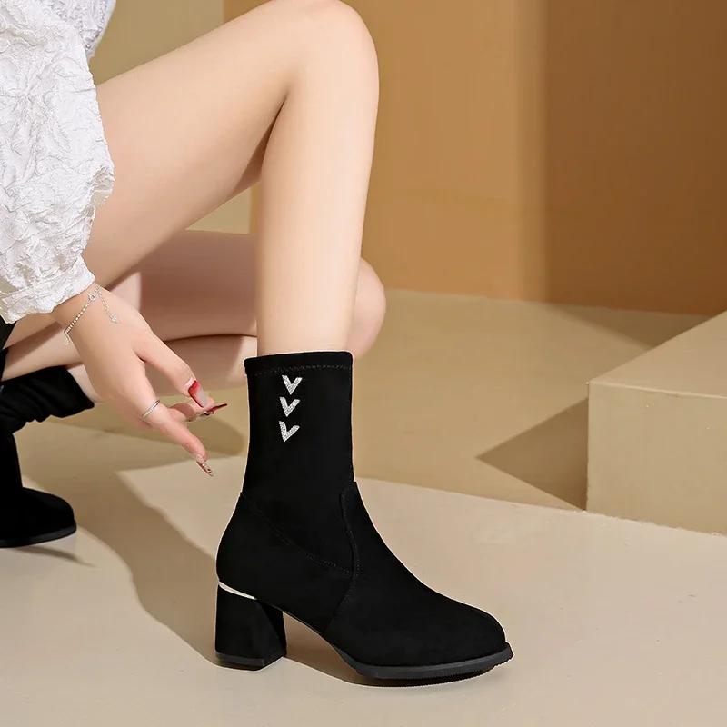 Fashion Shoes for Women 2024 Hot Sale Sleeve Women's Boots Spring Autumn Round Toe Suede Solid Short Barrel Block Heels Fashion Boots