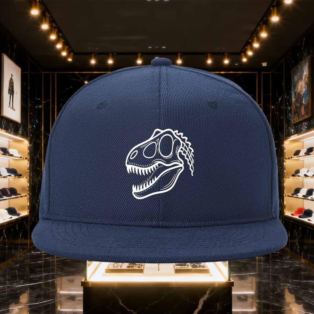 Dinosaur Skull Graphic Print Black Flat Brim Baseball Cap Unisex Polyester Snapback Outdoor Headwear
