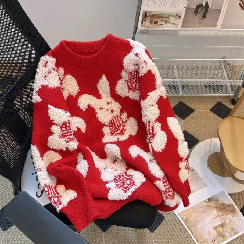 Rabbit Jacquard Lady Solid Color Sweater Sweet Ladies Loose Fashion Sweater Winter Versatile Comfortable Women's Round Neck Top