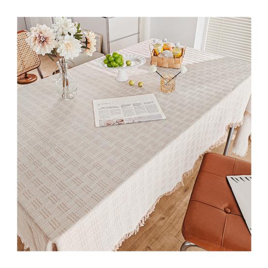 French Grid Tablecloth, Checkered Woven Table Cover for Dining Table, Rectangular Round Desk Mat for Coffee Table Nightstand, Home Decor