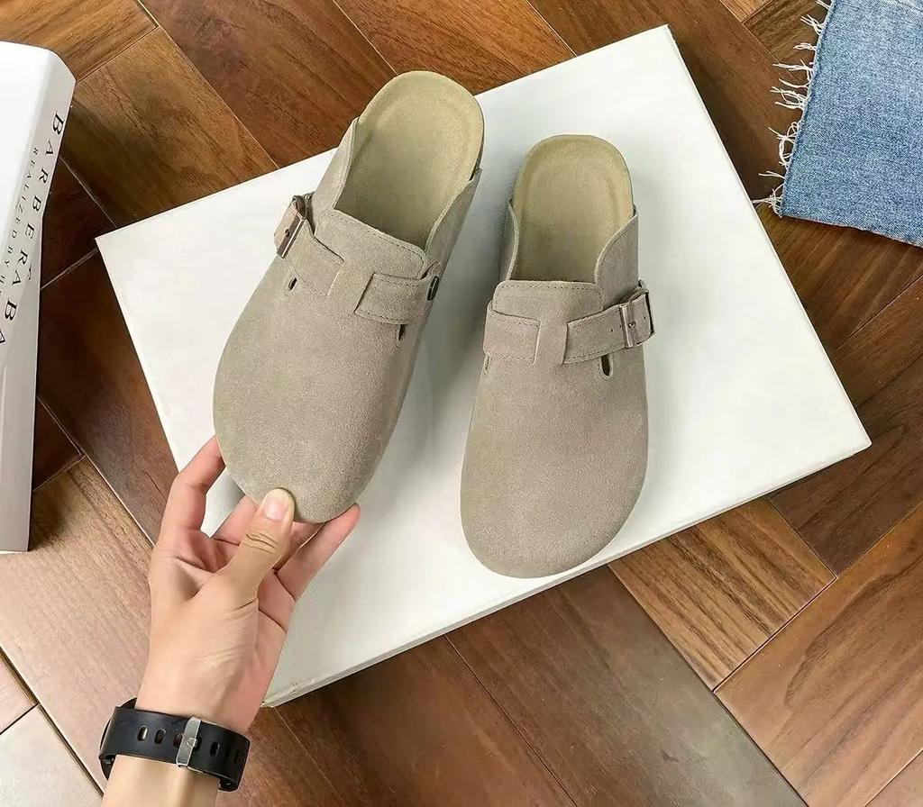 Mode Damen Schuhe Damen Zehengeschlossene Hausschuhe Kuhveloursleder Clogs Damen Sandalen Retro Mode Garten Pantolette Clog Slide Neu