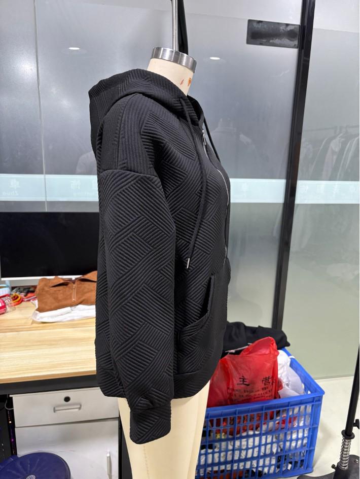 European and American Jacquard Zip-Up Hooded Cardigan with Drawstring Pockets