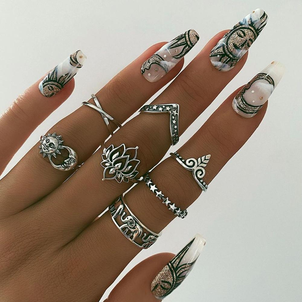 

Мода Металлик Серебро Цвет Кольцо Набор для Женщин Геометрический Крест Этнический Стиль Ювелирные изделия