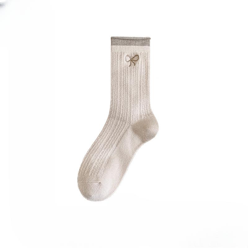 Chaussettes Montantes Femme Automne et Hiver Broderie Nœud Papillon Bord Ourlet Couleur Assortie Respirantes Absorbent la Sueur