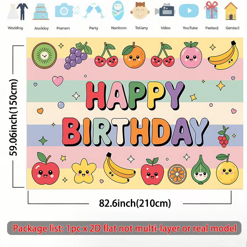 2D Cute Fruit Happy Birthday Backdrop Rainbow Stripes Photography Background for Kids