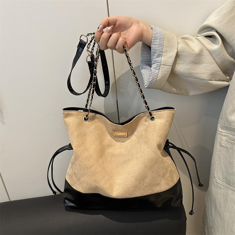 Trendy Suede Diamond Pattern Vintage Chain Bucket Bag Contrast Color Shoulder Bag Handbag